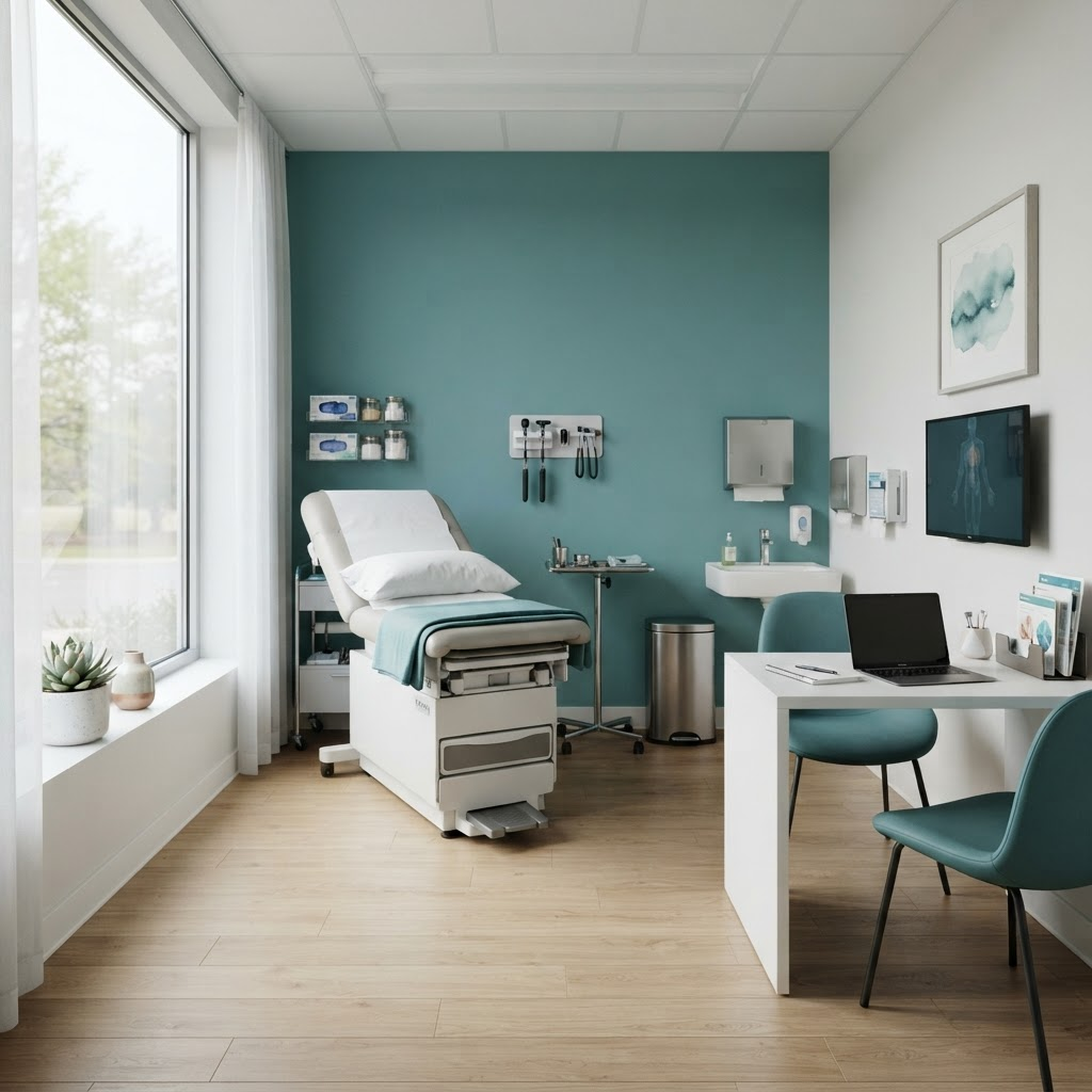 Calm, modern consultation room with clean examination equipment